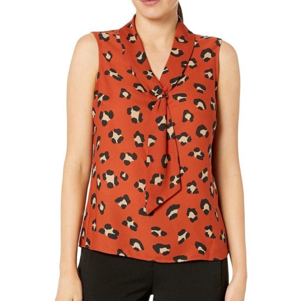 Tahari Leopard Tie Neck Sleeveless Blouse L